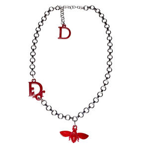 VTG Christian Dior Silver Chain Link Red Acrylic Bee Charm Logo Choker Necklace